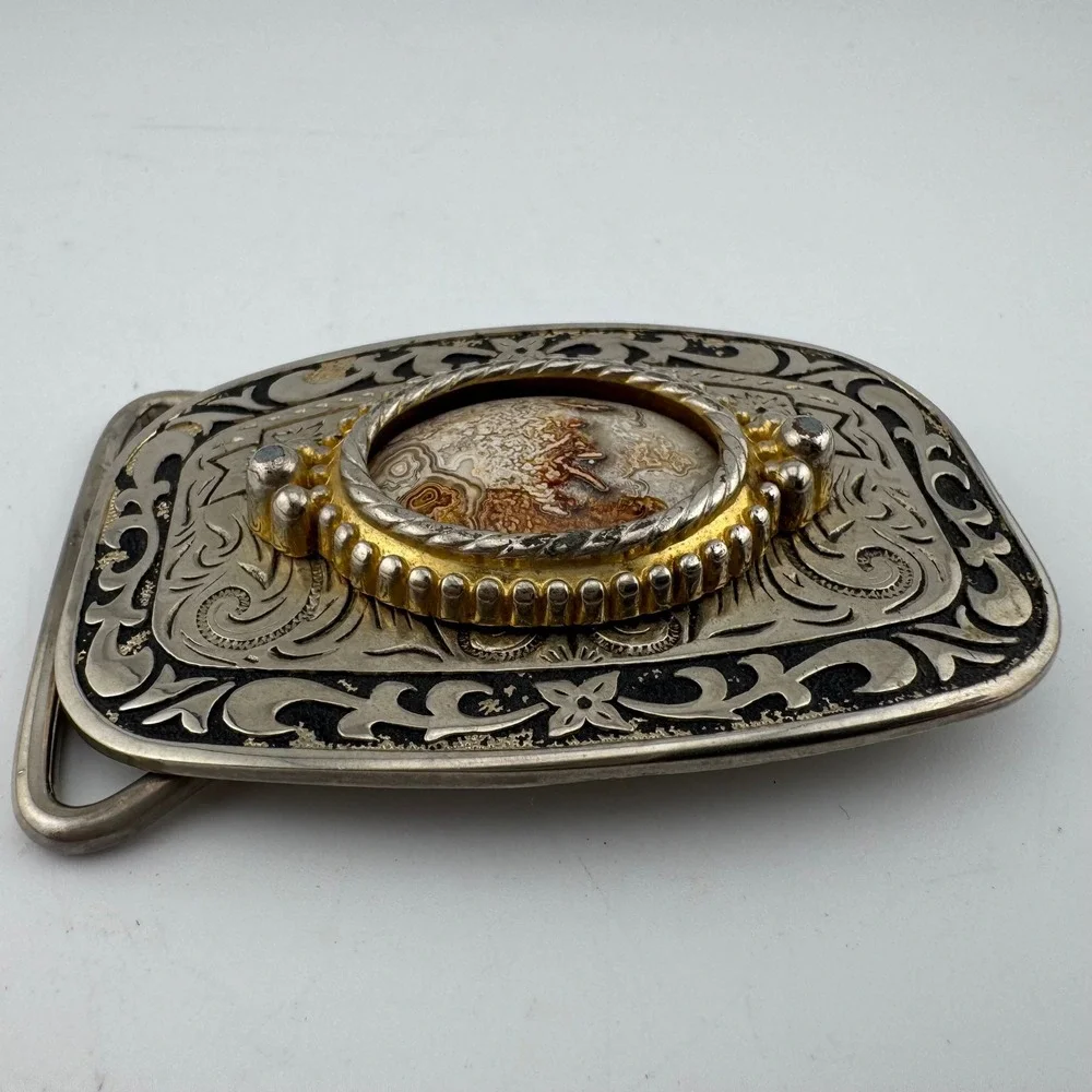 Western Belt Buckle Silver/Gold Tone Agate Good Engraved Floral Vintage